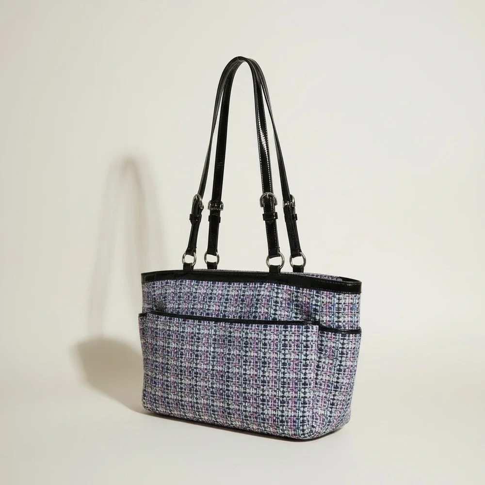 Coach Tweed Plaid Tote F17699 Black Patent Trim Satchel